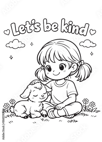coloring book  girl being kind with a baby goat