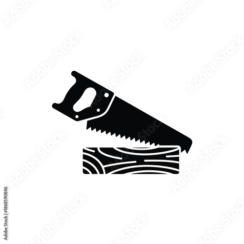 A black silhouette of a hand saw cutting through a wooden log