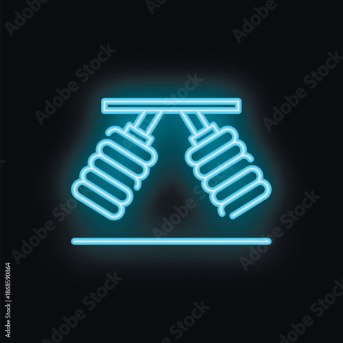 Blue neon icon of an electric car battery glowing on a black background
