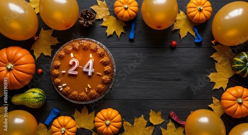Wallpaper Mural Overhead view of a Thanksgiving-themed dessert surrounded by pumpkins, balloons, and fall leaves on a dark wooden table. Torontodigital.ca