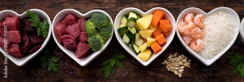 A high-resolution, meticulously arranged flat lay photograph captures various raw ingredients for a balanced pet food diet, presented in four pristine white, heart-shaped bowls aligned horizontally on