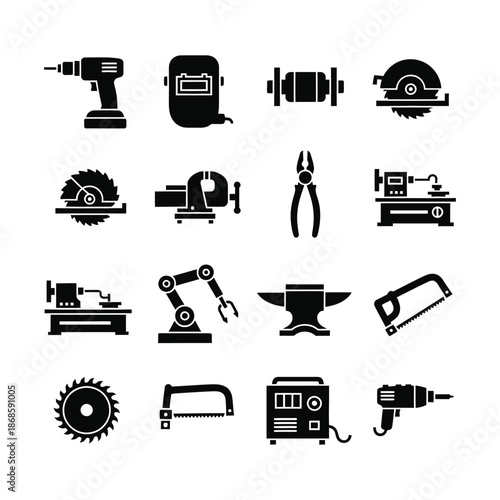 Industrial Tools Icon Set – Construction Workshop Machinery Vector Collection