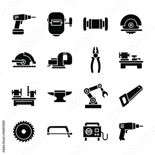 Industrial Tools Icon Set – Construction Workshop Machinery Vector Collection
