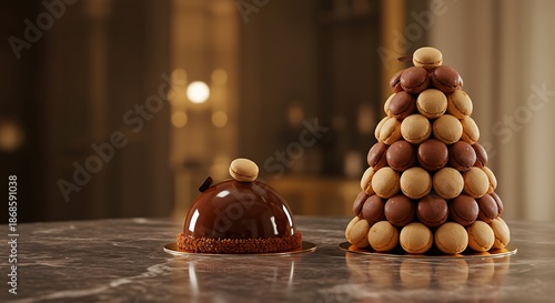 Wallpaper Mural A chocolate mousse dessert and a pyramid-shaped chocolate ball tower on a marble tabletop with warm lighting in the background. Torontodigital.ca