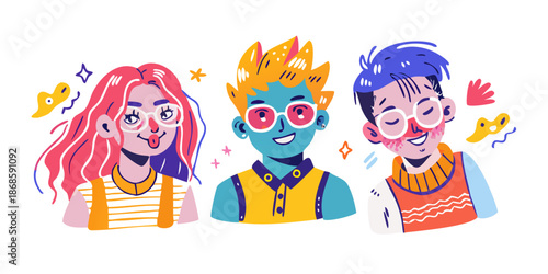Modern Gen-Z character portraits in a playful doodle illustration style. Featuring bright dyed hair, cool glasses, and trendy outfits. Hand-sketched lines, flat colors with slight texture, energetic.