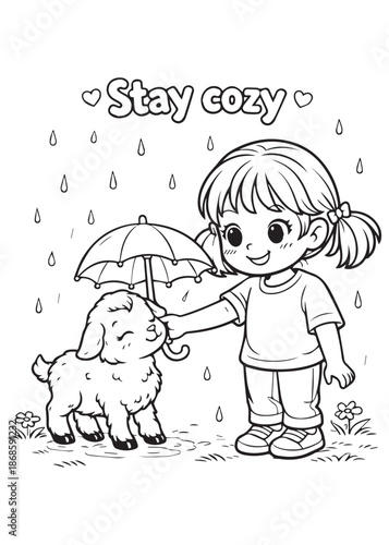 coloring book girl staying cozy with a baby goat in the rain