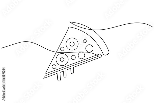 Continuous one line drawing of pizza slice with melting cheese and pepperoni