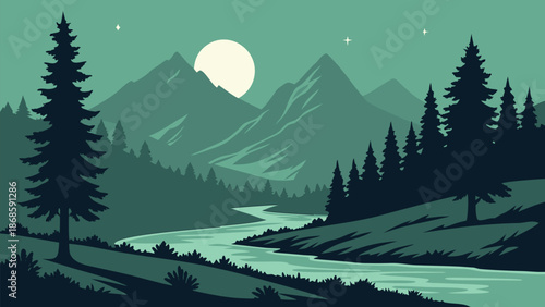 Flat Vector Night Landscape of Mountains and River under a Full Moon in Teal Tones