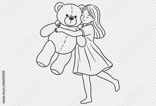 Adorable little girl hugging her favorite teddy bear with joy and love in heartwarming illustration