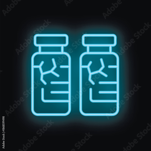 Blue neon sign showing two medical vials with vaccine doses on a dark background