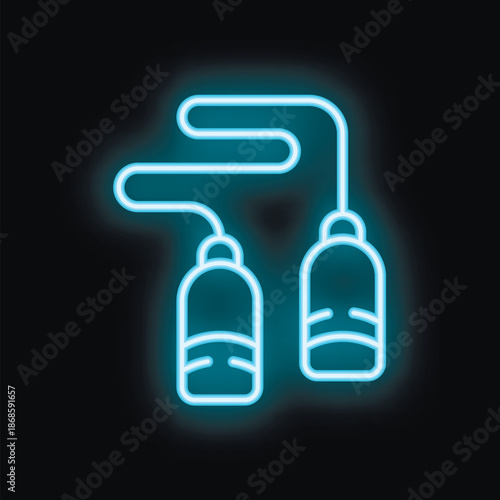 Blue neon sign of jump rope glowing on dark background illustrating fitness concept
