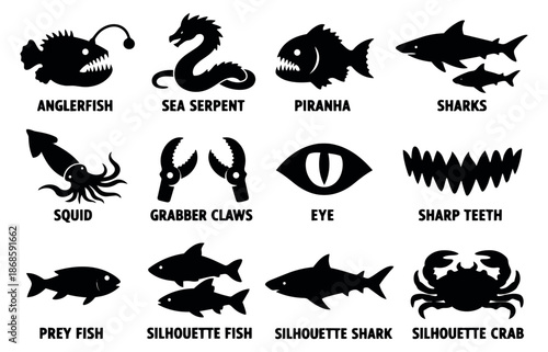 Stylized silhouette marine predator set featuring dangerous sea creatures and monster elements for fantasy and horror themes