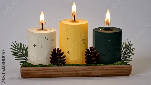 Festive candle arrangement with flickering flames and pinecones in decorative wooden holder