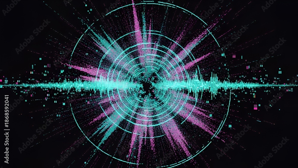 Obraz premium Vibrant sonic visualization with circular geometry and dynamic wave patterns on dark background
