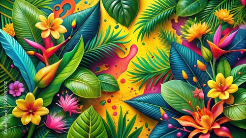 Vibrant Tropical Foliage and Blossoms in a Summery Composition Featuring Lush Green Leaves, Vivid Flowers, and Bold Color Splashes