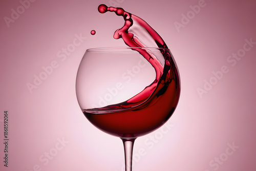 Dynamic Red Wine Splash in a Glass Against a Soft Pink Background