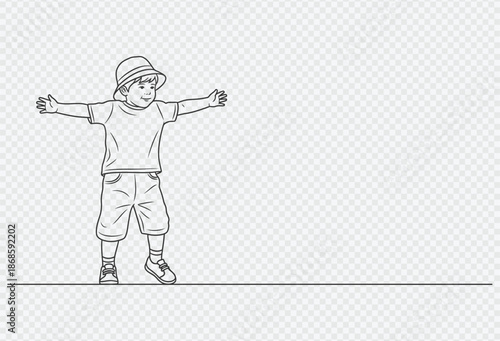 Happy little boy standing with open arms and wearing casual outfit and bucket hat