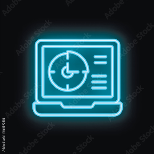Neon blue icon of a laptop displaying a clock in a target, symbolizing time management
