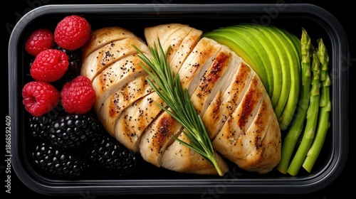 Black container with chicken asparagus and ras a black container holds a whole chicken asparagus spears and ras presenting a meal or ingredients