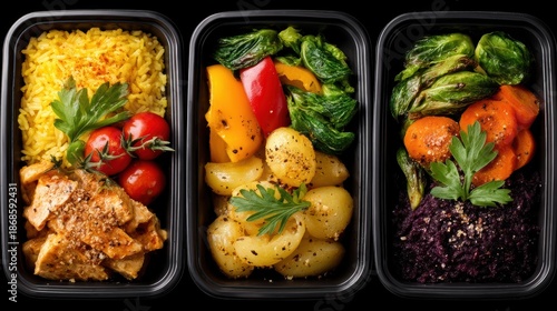 Three food containers multiple containers holding diverse food items three food - multiple containers holding diverse food items