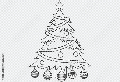 Beautiful christmas tree decorated with ornaments and baubles outline for coloring page