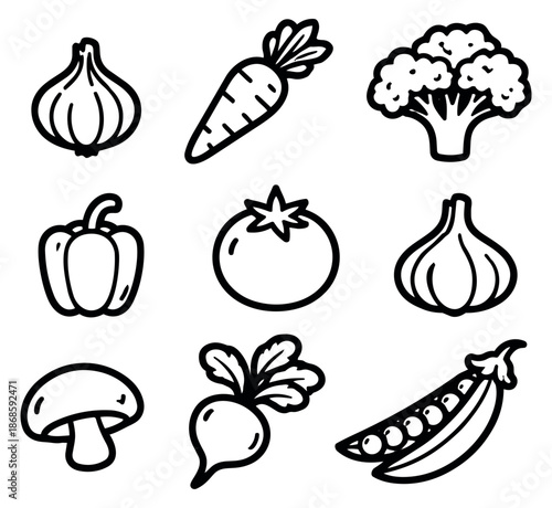 Hand drawn line art vegetables set featuring various fresh produce for healthy eating and cooking
