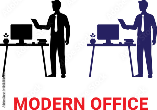 Silhouette of two businessmen working at modern office desks with computers and plants
