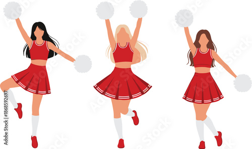 Cheerleader girls in red uniforms holding pom poms performing energetic poses isolated on white background flat vector