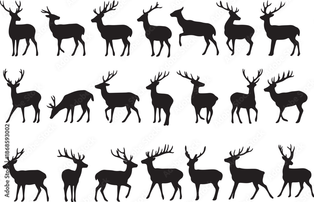 Naklejka premium Collection of black silhouettes of deer with antlers in various poses Vector.