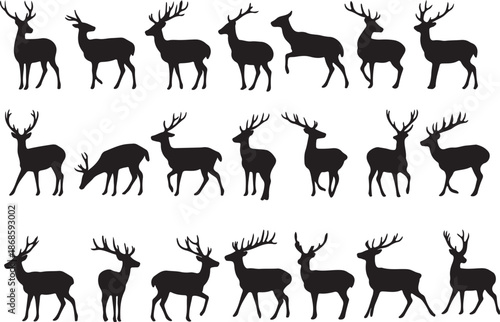 Collection of black silhouettes of deer with antlers in various poses Vector.