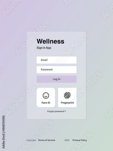 A minimalist sign-in page for a wellness app, featuring a large, centered form on a soft, gradient background transitioning from light lavender to pale seafoam green.