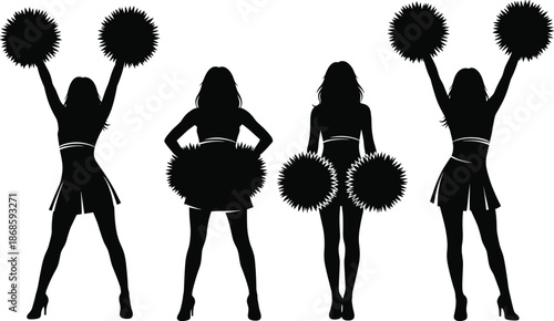 Cheerleader silhouette set holding pom poms in confident standing poses isolated on white background vector