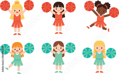 Cute cartoon cheerleader girls set with pom poms in playful poses colorful kids vector illustration