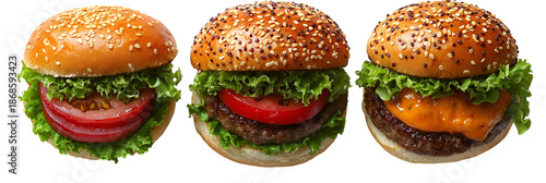 Three different burgers against transparent background
