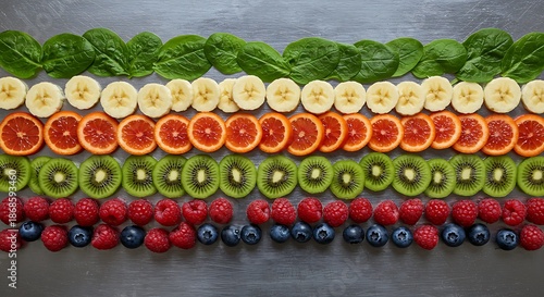 Wallpaper Mural Vibrant flat lay of stacked sliced fruits and leafy greens on a gray surface, showcasing a colorful arrangement. Torontodigital.ca