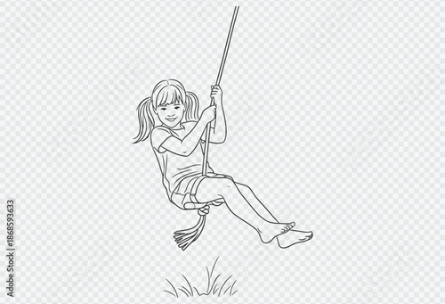 Happy little girl swinging on a rope swing in the outdoors