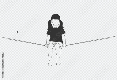 A young girl sitting on a tightrope with a transparent background