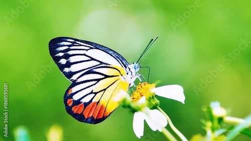 A beautiful butterfly rests delicately on a delicate white flower, its wings displaying intricate patterns and vibrant colors against a blurred green background. 