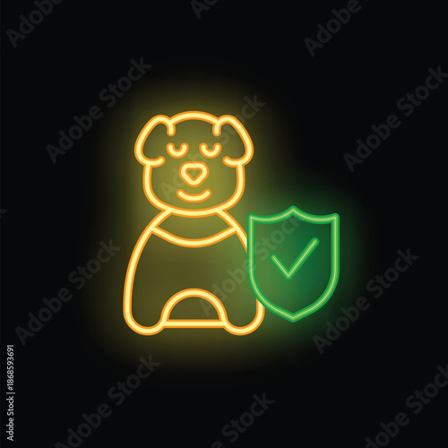 Neon icon of a dog sitting next to a shield with a check mark, representing pet insurance or animal protection