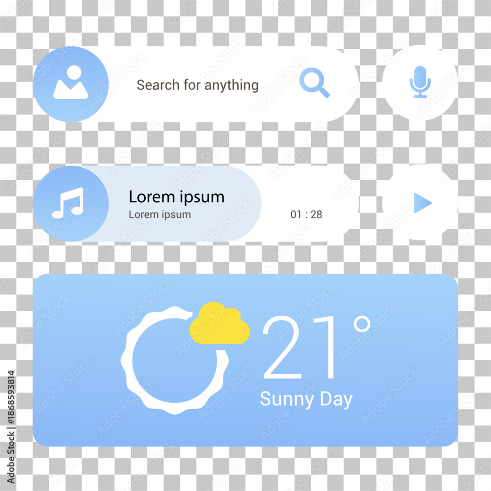 Fototapeta premium Modern blue and white UI elements including a search bar, music player, and weather widget, designed for mobile applications.