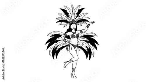 Woman dancing Brazilian Carnival, colorful costume with feathers and sequins, joyful expression, flat vector design, vibrant colors, simple shapes, clean illustration, isolated on light background