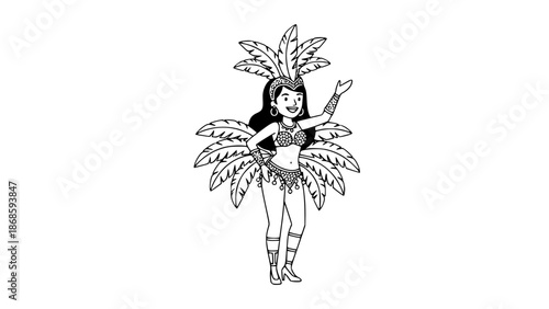 Woman dancing Brazilian Carnival, colorful costume with feathers and sequins, joyful expression, flat vector design, vibrant colors, simple shapes, clean illustration, isolated on light background