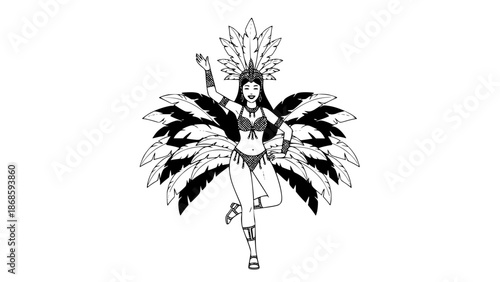 Woman dancing Brazilian Carnival, colorful costume with feathers and sequins, joyful expression, flat vector design, vibrant colors, simple shapes, clean illustration, isolated on light background