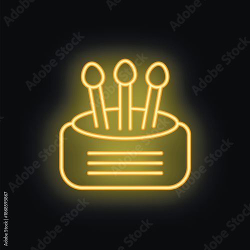 Neon icon of three cotton swabs in a container is glowing yellow on a black background