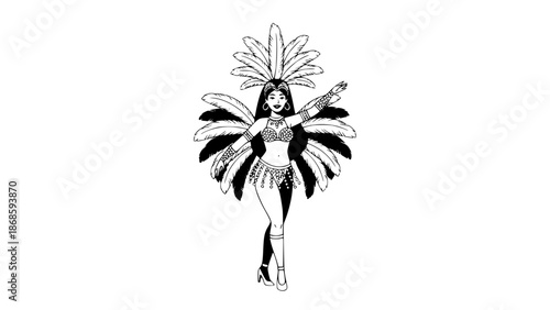 Woman dancing Brazilian Carnival, colorful costume with feathers and sequins, joyful expression, flat vector design, vibrant colors, simple shapes, clean illustration, isolated on light background