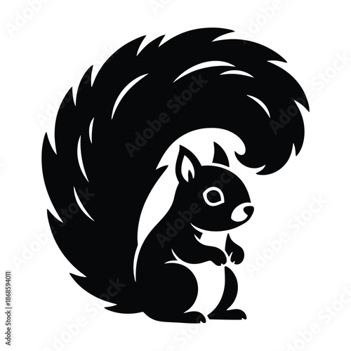 Black silhouette of a squirrel with a large bushy tail on a white background animal