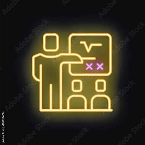 Neon sign of a teacher explaining a mathematical equation on a blackboard to students in a classroom