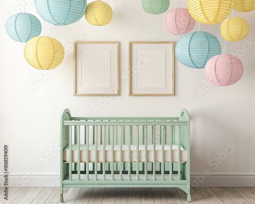 Illustration of pastel crib with lanterns and picture frames