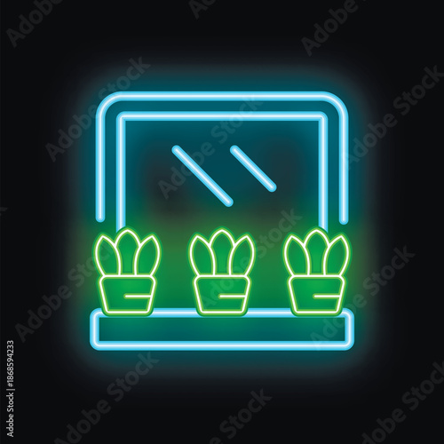 Neon icon of houseplants on a window sill, glowing green and blue on a dark background