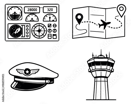 Hand drawn aviation elements set featuring a cockpit panel, flight map, pilot cap and control tower for air travel